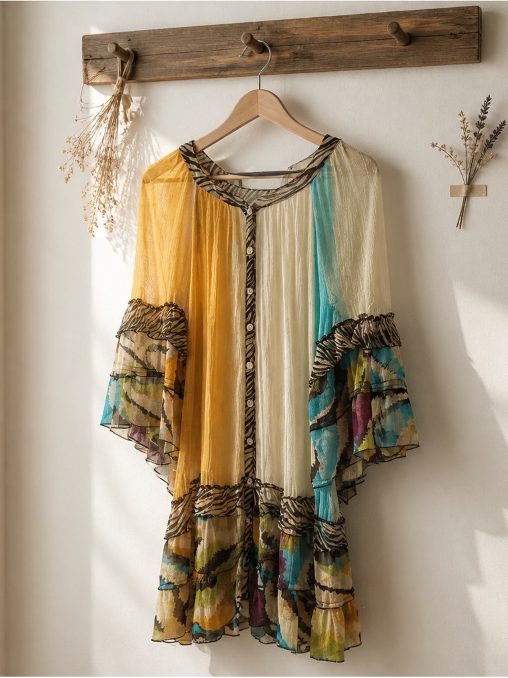 Boho Chic Women’s Swim Coverup Tunic Yellow, Cream & Teal